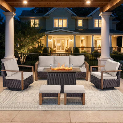 Luxury 6 Pieces Patio Furniture Set with 41” Propane Fire Pit Table,Rattan Outdoor Deep Seating Conversation Set with Swivel Glider Patio Chair and Rattan Sofa for Porch Backyard Balcony