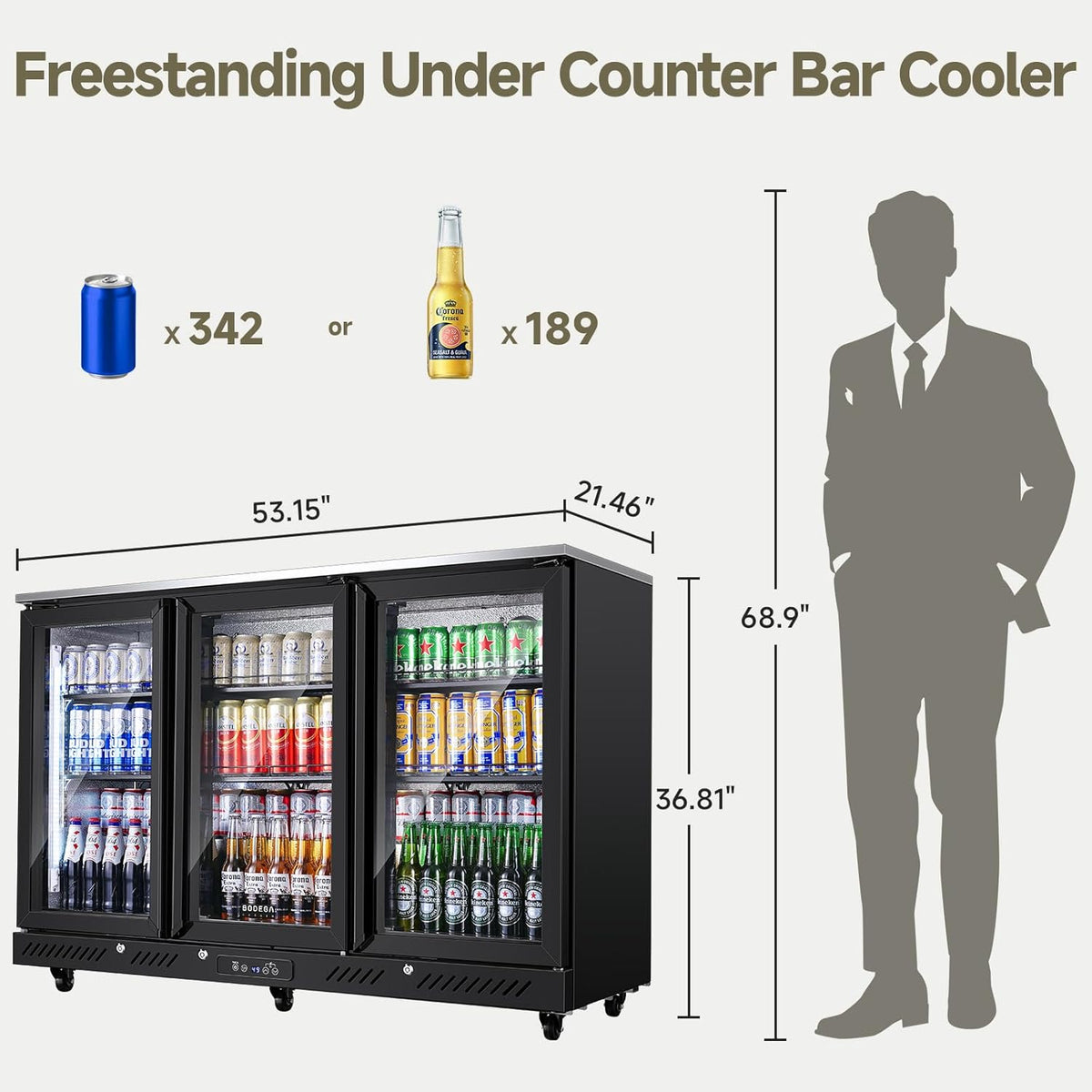 Commercial Bar Cooler with 3 Glass Doors & LED Lighting, 12 Cu.Ft