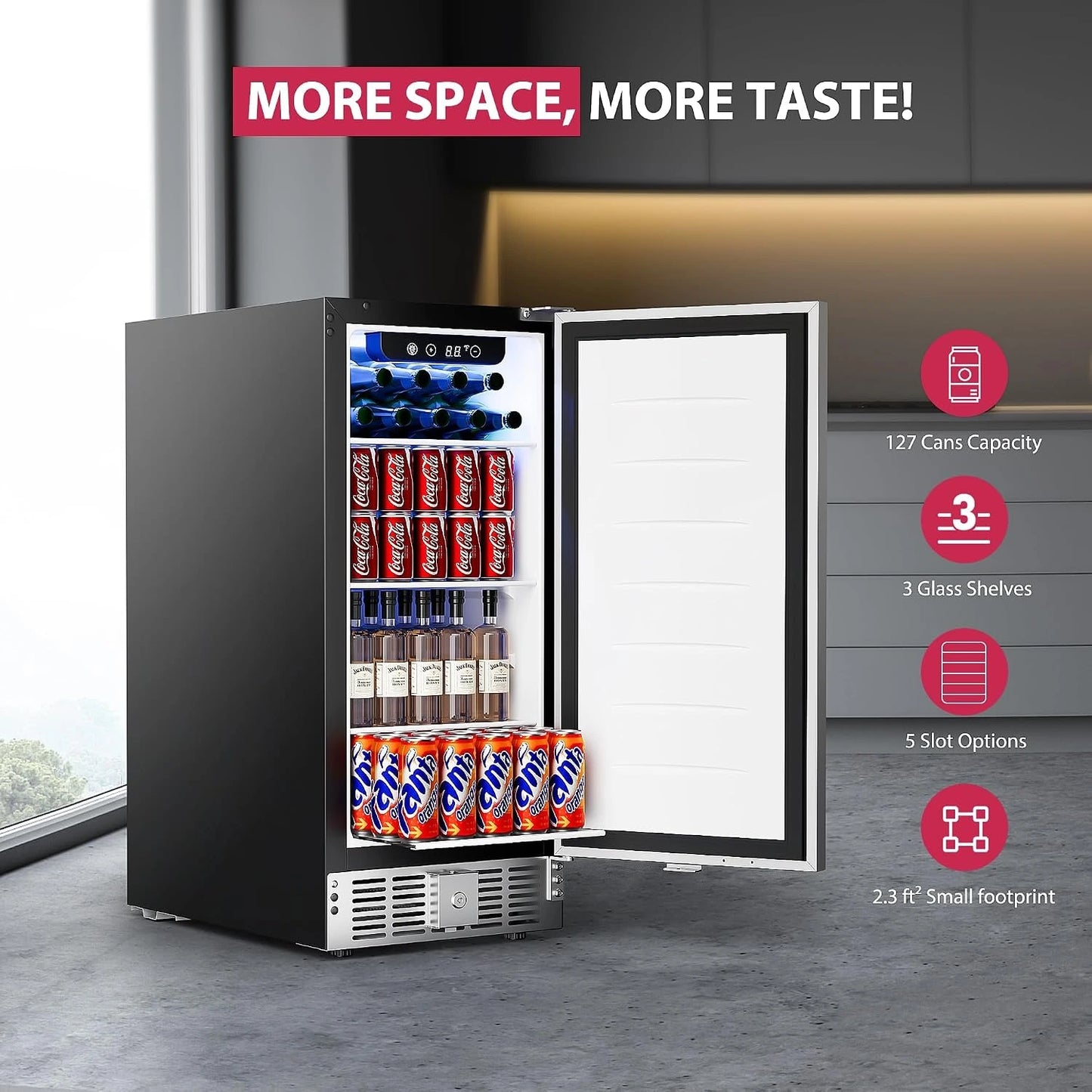 15"Beverage Refrigerator, 127Can under Counter Refrigerator, Silver — product view 2