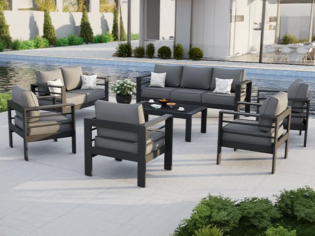 Aluminum Patio Furniture Set, 7 Piece Metal Outdoor Set, Patio Furniture Set with Waterproof Covers for Backyard Garden（Grey）