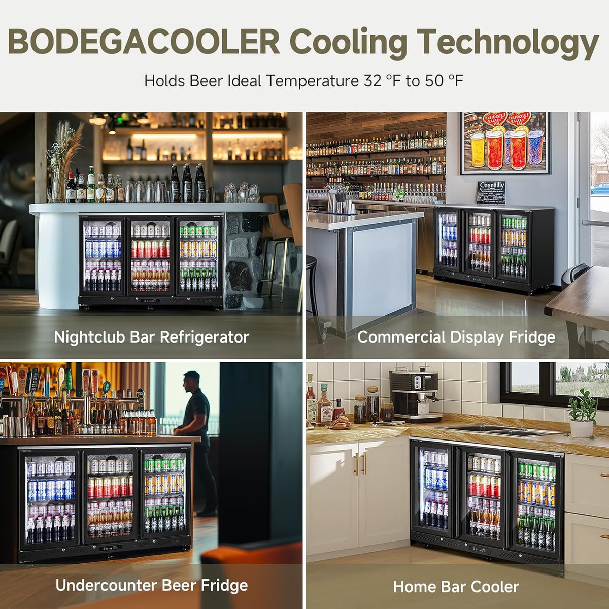 Commercial Bar Cooler with 3 Glass Doors & LED Lighting, 12 Cu.Ft