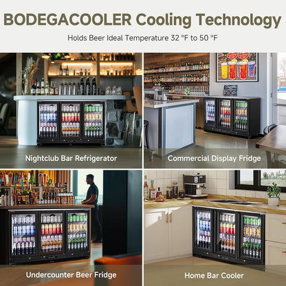 Commercial Bar Cooler with 3 Glass Doors & LED Lighting, 12 Cu.Ft