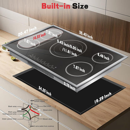 36 Inch Electric Cooktop, 5 Burner Stove Top Touch Control,220-240V
