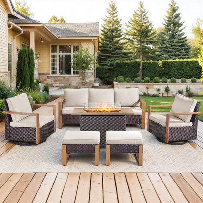 Luxury 6 Pieces Patio Furniture Set with 41” Propane Fire Pit Table,Rattan Outdoor Deep Seating Conversation Set with Swivel Glider Patio Chair and Rattan Sofa for Porch Backyard Balcony