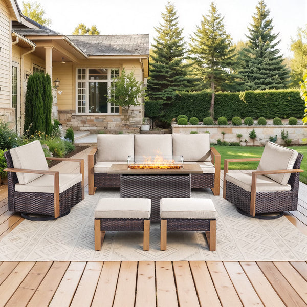 Luxury 6 Pieces Patio Furniture Set with 41” Propane Fire Pit Table,Rattan Outdoor Deep Seating Conversation Set with Swivel Glider Patio Chair and Rattan Sofa for Porch Backyard Balcony
