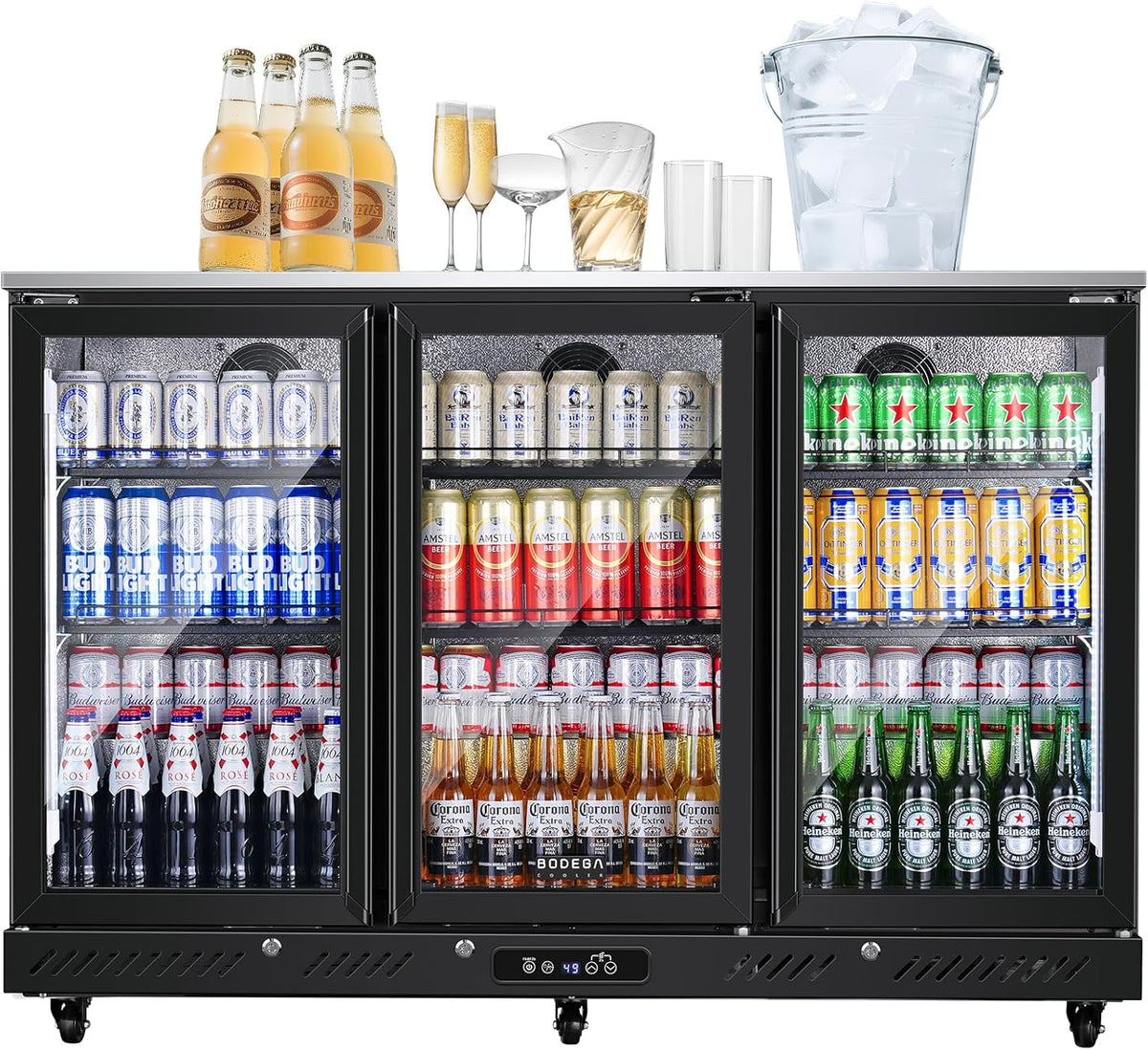 Commercial Bar Cooler with 3 Glass Doors & LED Lighting, 12 Cu.Ft