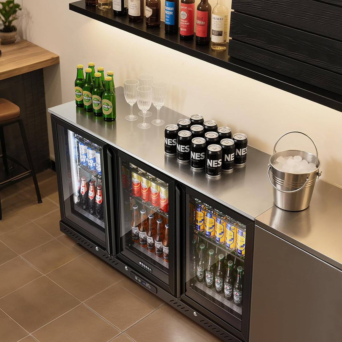 Commercial Bar Cooler with 3 Glass Doors & LED Lighting, 12 Cu.Ft