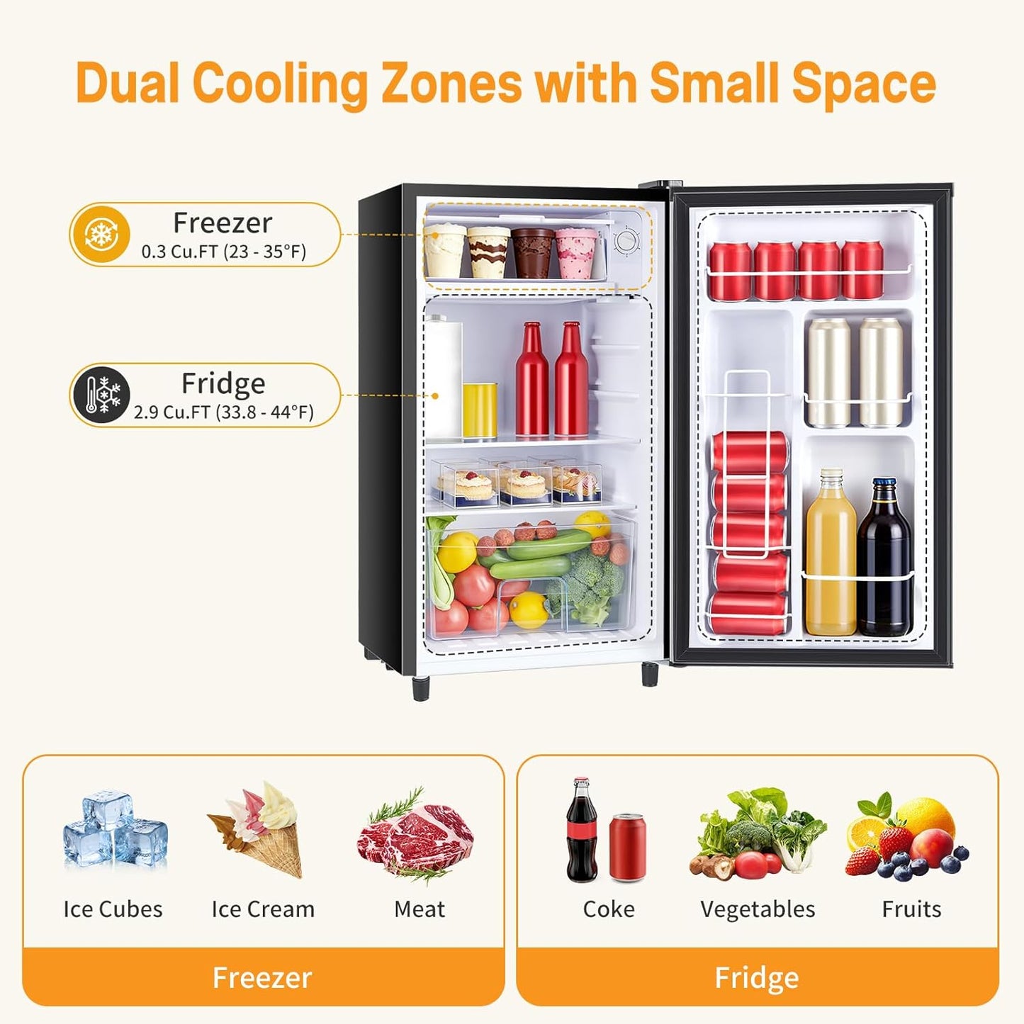 Mini Fridge with Freezer 3.2 Cu.Ft Small Refrigerator for Office, Dorm, Small Fridge with Adjustable Thermostat, Energy Saving, Singel Door, Black
