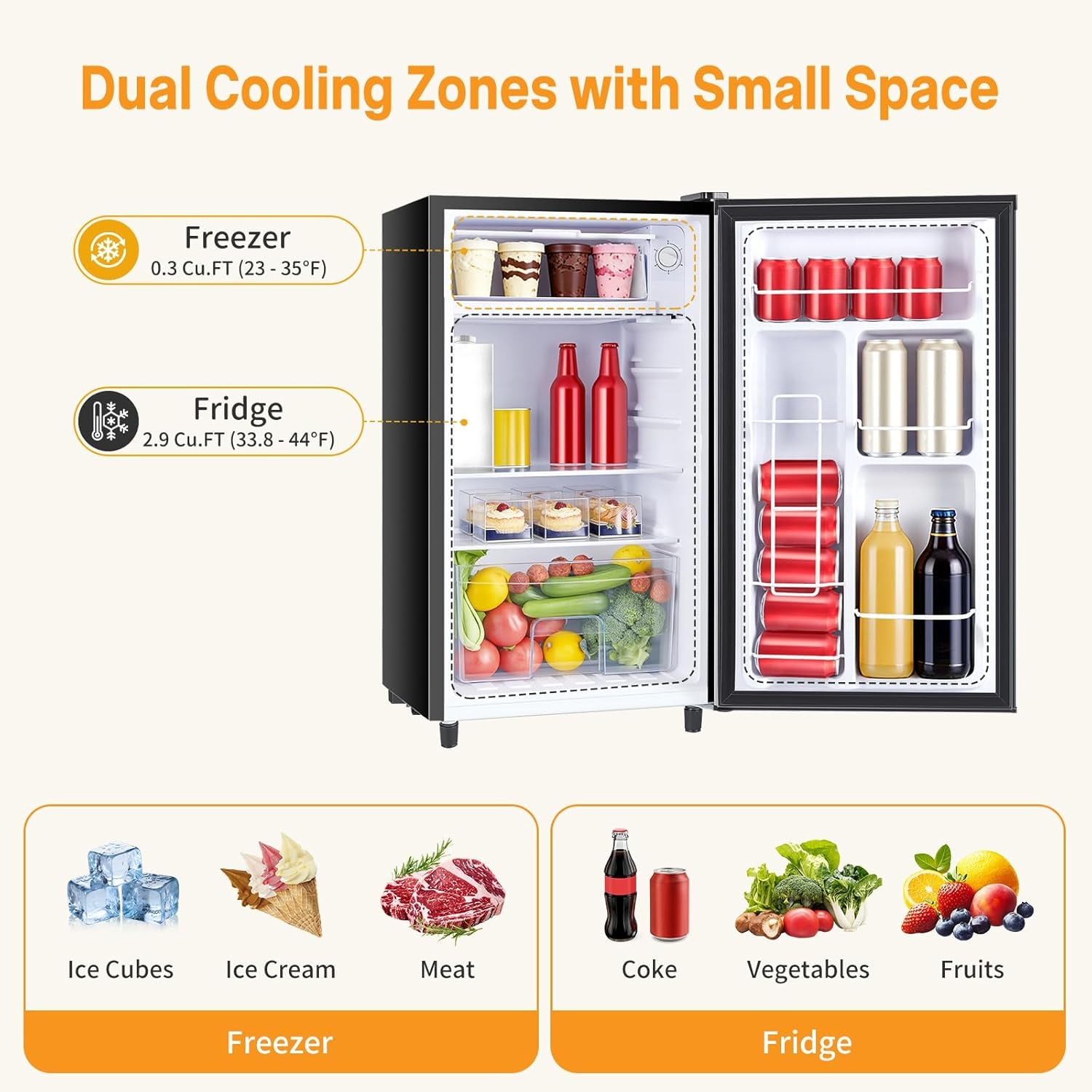 Mini Fridge with Freezer 3.2 Cu.Ft Small Refrigerator for Office, Dorm, Small Fridge with Adjustable Thermostat, Energy Saving, Singel Door, Black