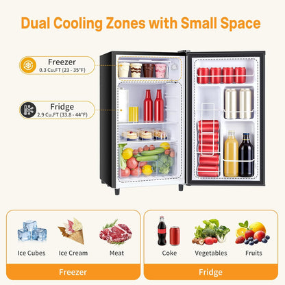 Mini Fridge with Freezer 3.2 Cu.Ft Small Refrigerator for Office, Dorm, Small Fridge with Adjustable Thermostat, Energy Saving, Singel Door, Black