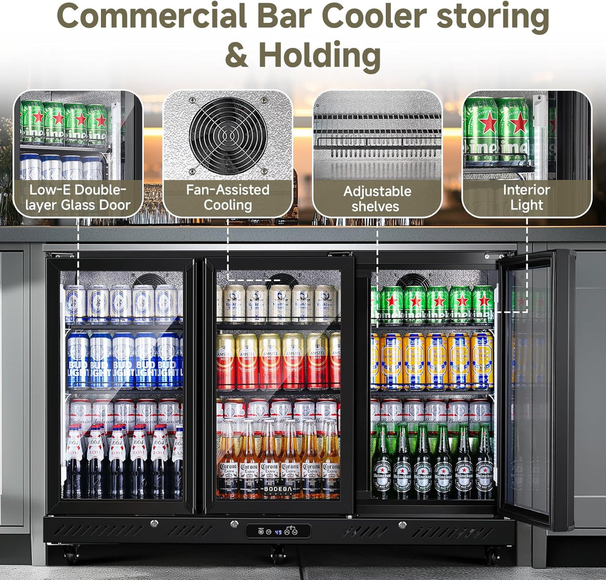 Commercial Bar Cooler with 3 Glass Doors & LED Lighting, 12 Cu.Ft