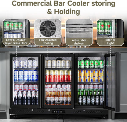 Commercial Bar Cooler with 3 Glass Doors & LED Lighting, 12 Cu.Ft