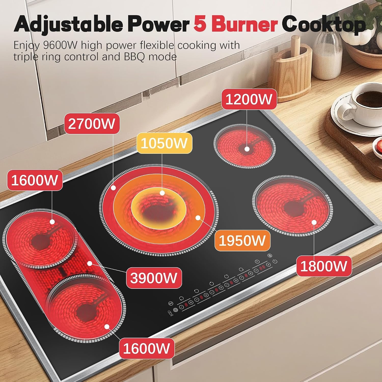 36 Inch Electric Cooktop, 5 Burner Stove Top Touch Control,220-240V