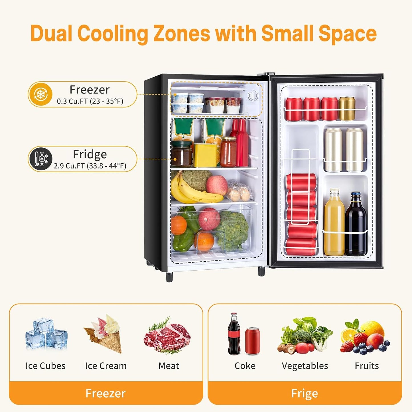 Mini Fridge with Freezer 3.2 Cu.Ft Small Refrigerator for Office, Dorm, Small Fridge with Adjustable Thermostat, Energy Saving, Singel Door, Sliver