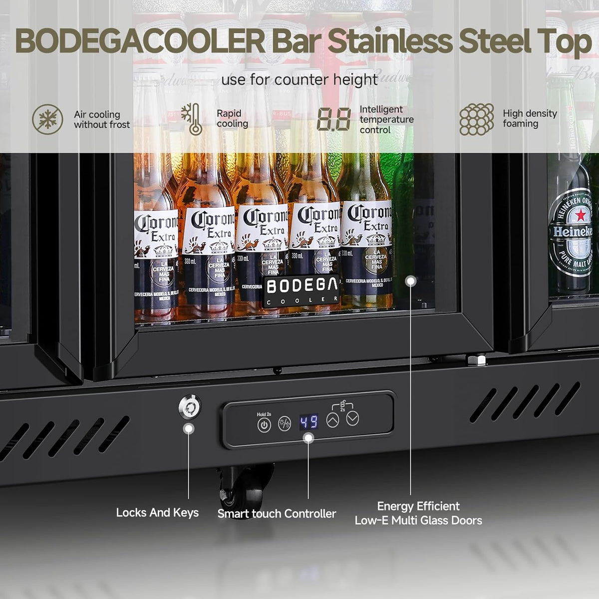 Commercial Bar Cooler with 3 Glass Doors & LED Lighting, 12 Cu.Ft