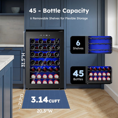45 Bottles Wine Cooler Refrigerator,Built-In Wine Fridge with Stainless Steel Glass Door, for Home Bar, Kitchen, or Office