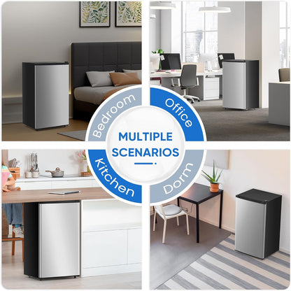 Mini Fridge with Freezer 3.2 Cu.Ft Small Refrigerator for Office, Dorm, Small Fridge with Adjustable Thermostat, Energy Saving, Singel Door, Sliver