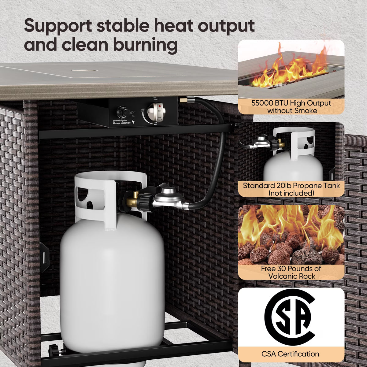 Luxury 6 Pieces Patio Furniture Set with 41” Propane Fire Pit Table,Rattan Outdoor Deep Seating Conversation Set with Swivel Glider Patio Chair and Rattan Sofa for Porch Backyard Balcony