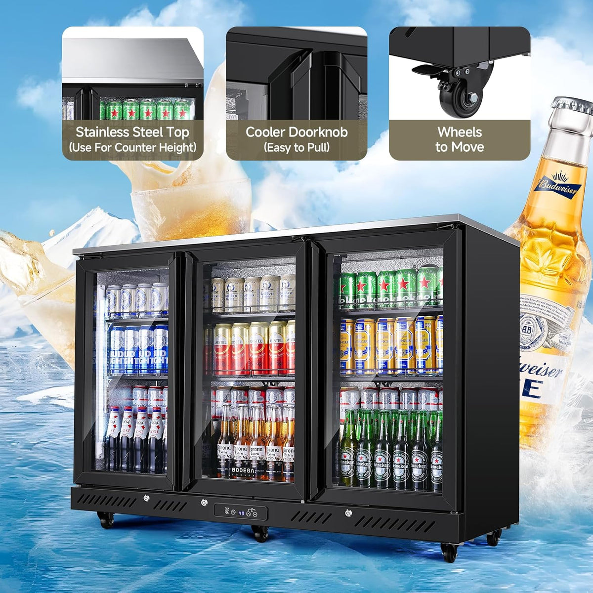 Commercial Bar Cooler with 3 Glass Doors & LED Lighting, 12 Cu.Ft