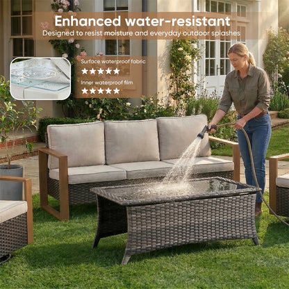 Luxury 6 Pieces Patio Furniture Set with 41” Propane Fire Pit Table,Rattan Outdoor Deep Seating Conversation Set with Swivel Glider Patio Chair and Rattan Sofa for Porch Backyard Balcony