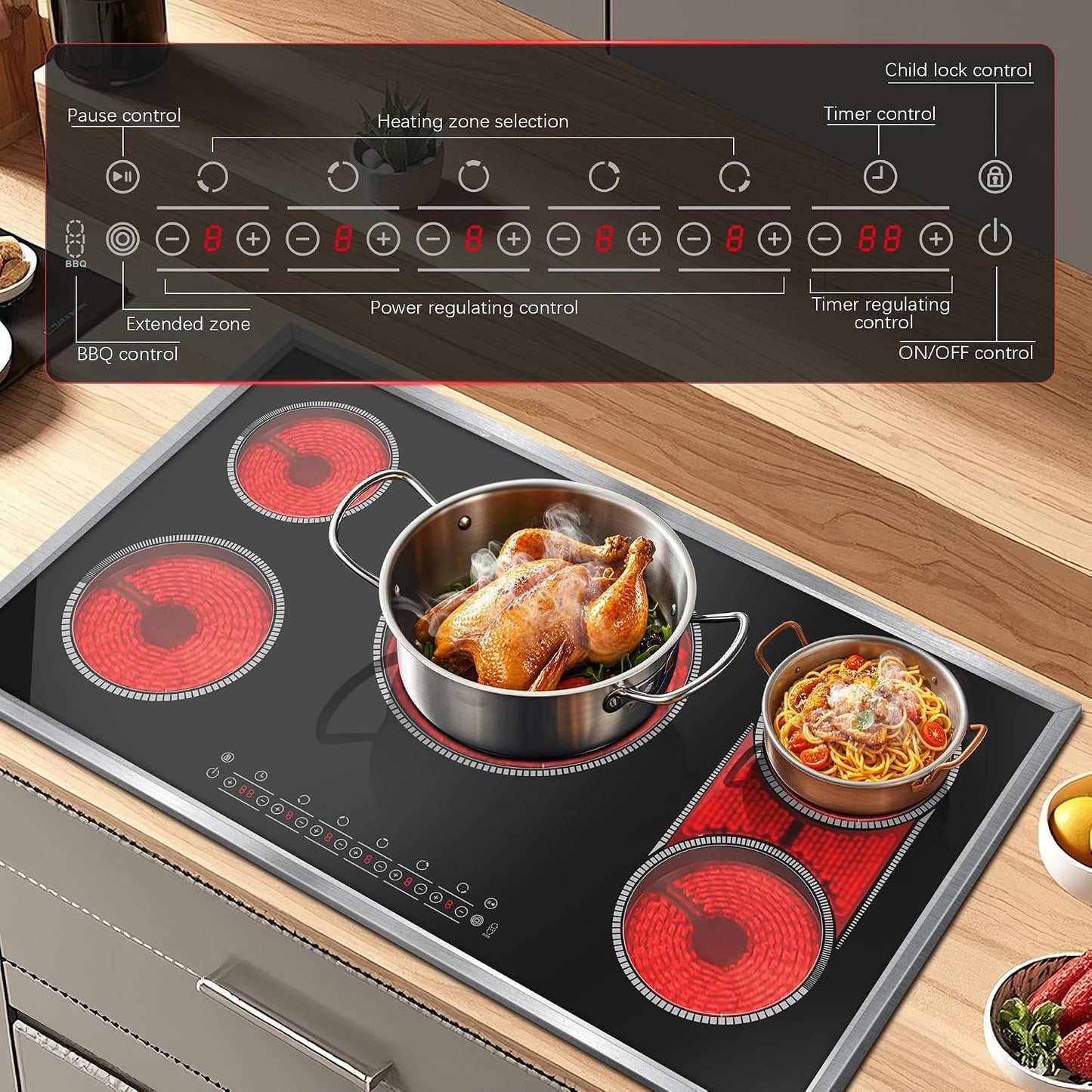 36 Inch Electric Cooktop, 5 Burner Stove Top Touch Control,220-240V