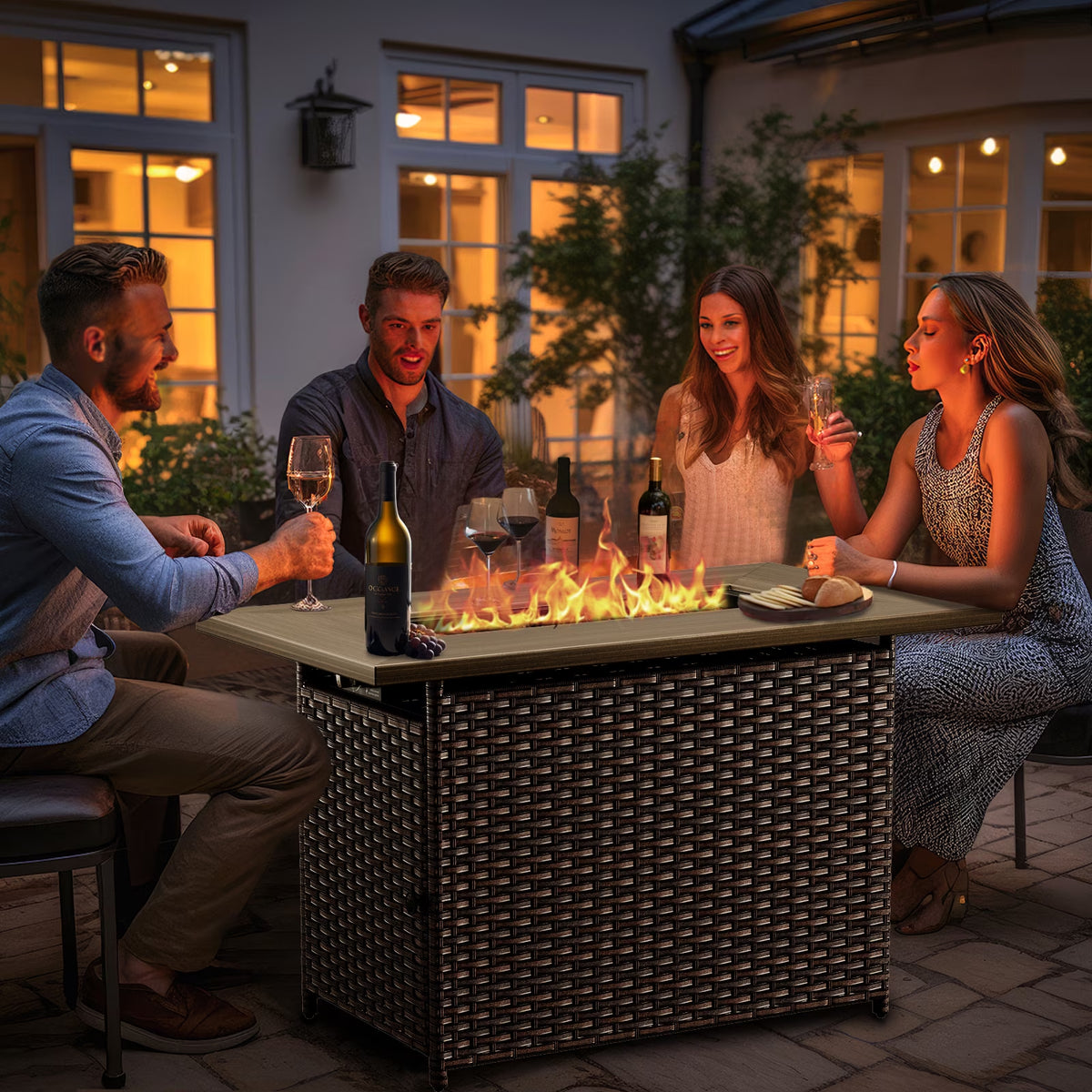 Luxury 6 Pieces Patio Furniture Set with 41” Propane Fire Pit Table,Rattan Outdoor Deep Seating Conversation Set with Swivel Glider Patio Chair and Rattan Sofa for Porch Backyard Balcony