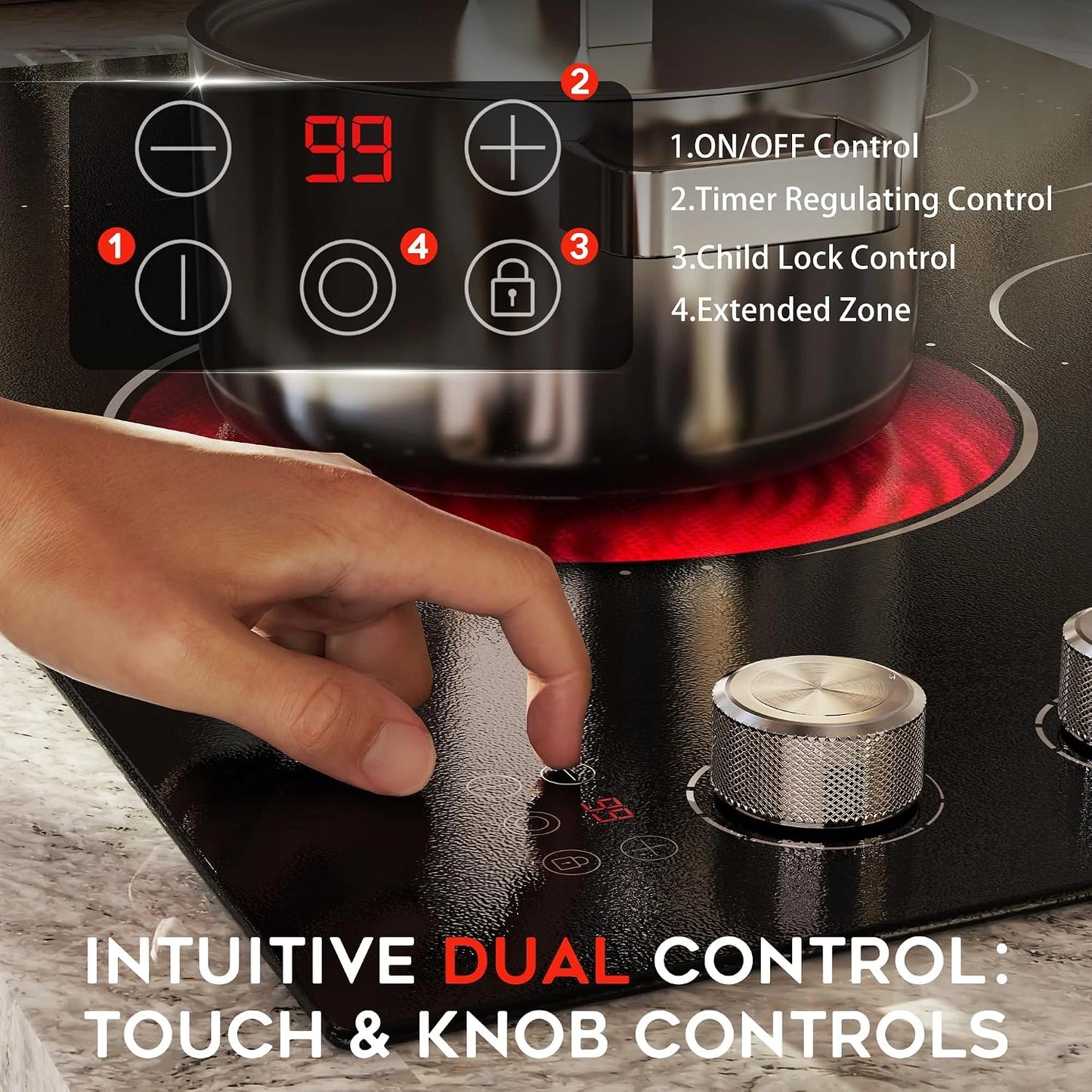 30 Inch Electric Cooktop, 4 Burner 6700W Dual Ring & Oval Burner — product view 2