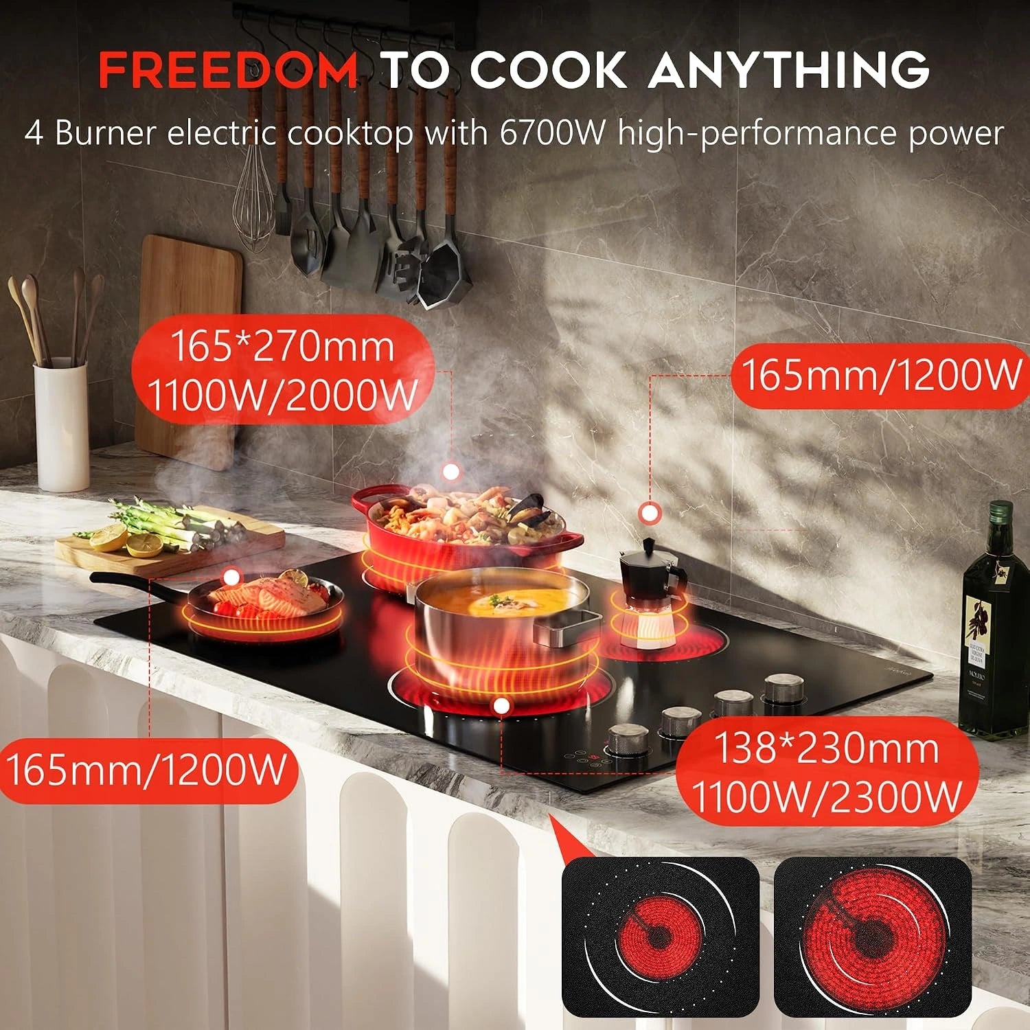 30 Inch Electric Cooktop, 4 Burner 6700W Dual Ring & Oval Burner — product view 7