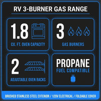 RV 3-Burner Gas Range, Silver, 1.8 Cu. Ft., No Range Hood — Results & Stats